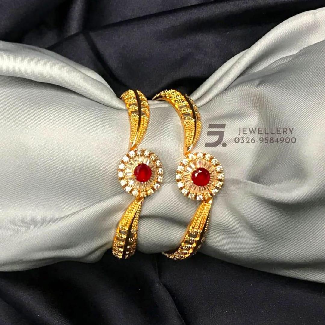 2 Pcs Gold Plated Indian Design Kara Bangles with Red Gemstone