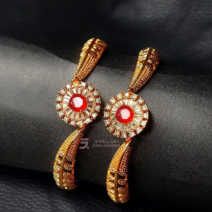 2 Pcs Gold Plated Indian Design Kara Bangles with Red Gemstone