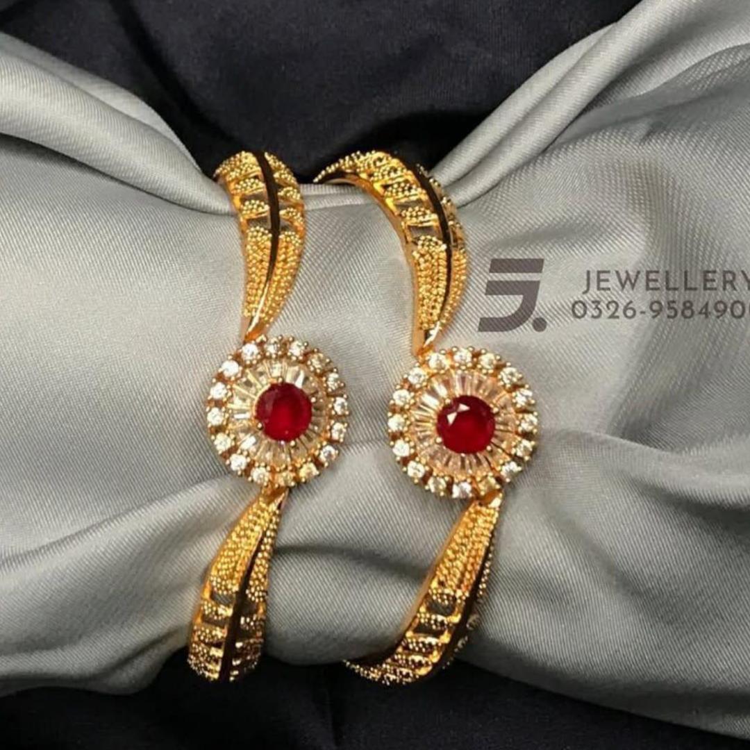 2 Pcs Gold Plated Indian Design Kara Bangles with Red Gemstone