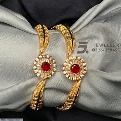 2 Pcs Gold Plated Indian Design Kara Bangles with Red Gemstone